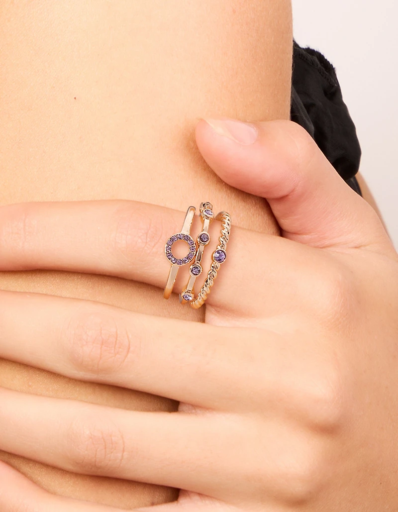 Rose Gold Purple Diamante Rings 3-Pack