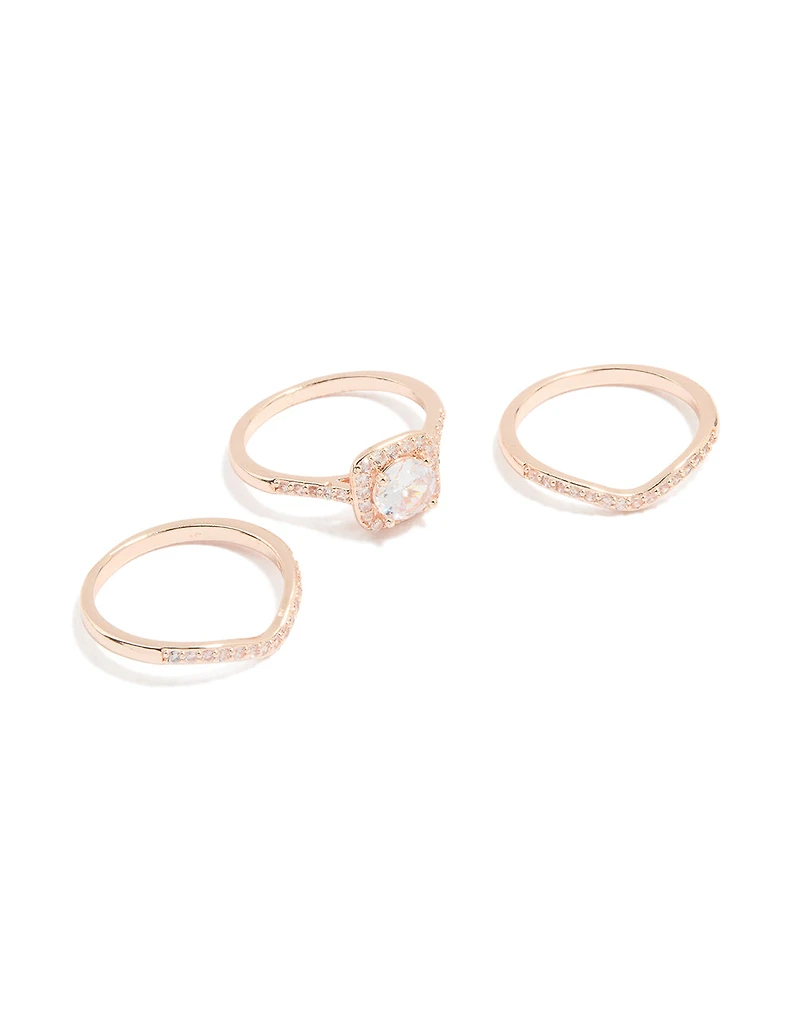 Rose Gold Cubic Zirconia & Pointed Rings 3-Pack