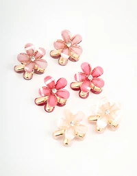 Gold Diamante Pink & Cream Mini Flower Claw Clips 6-Pack