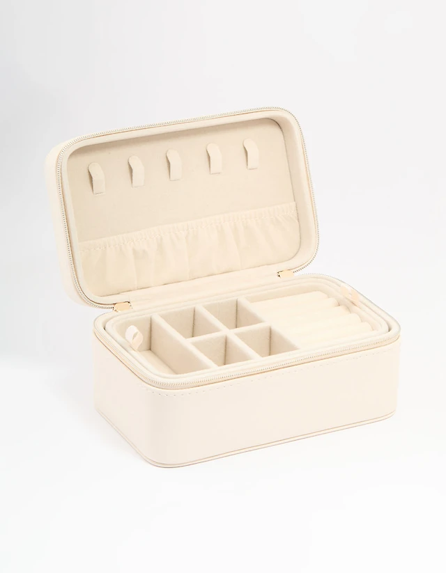 Cream PU Leather Rectangular Layered Jewellery Case