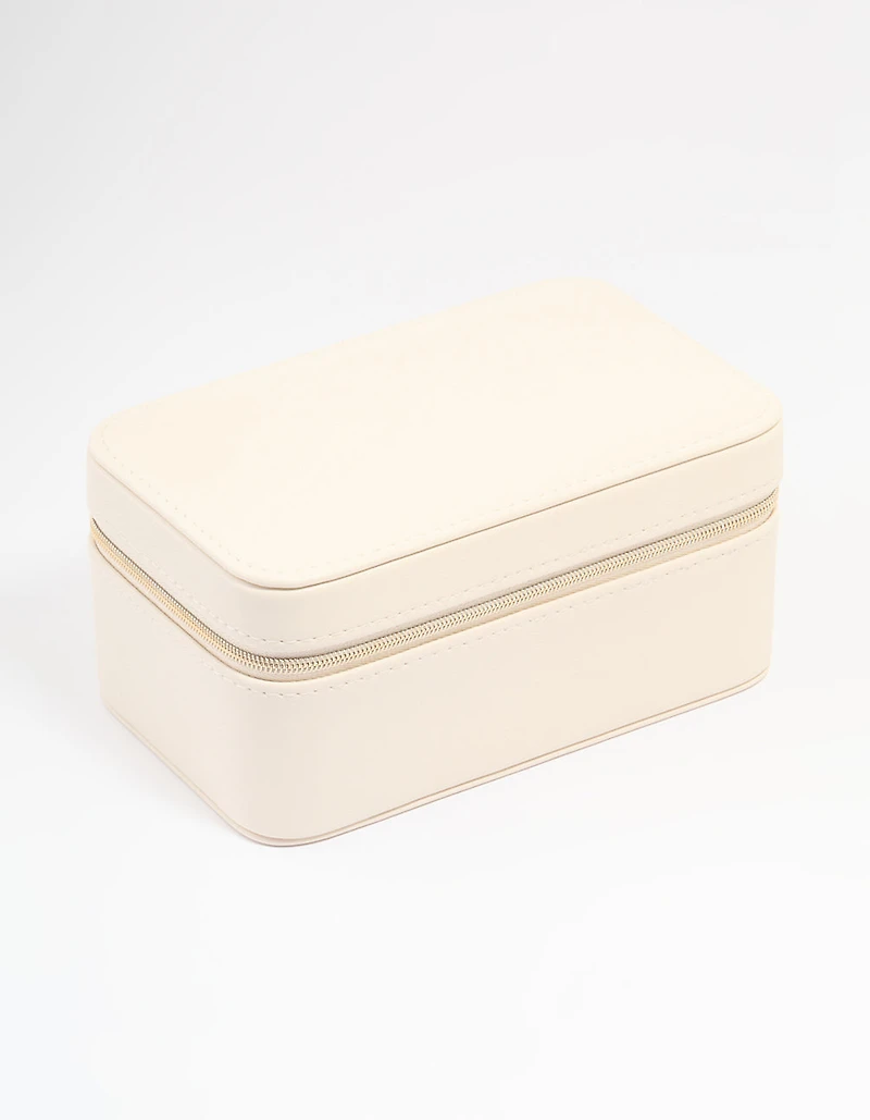 Cream PU Leather Rectangular Layered Jewellery Case