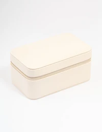 Cream PU Leather Rectangular Layered Jewellery Case