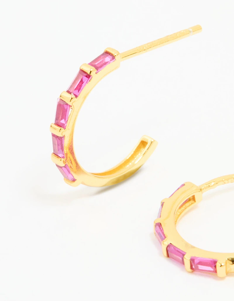 Gold Plated Sterling Silver Pink Cubic Zirconia Hoop Earrings
