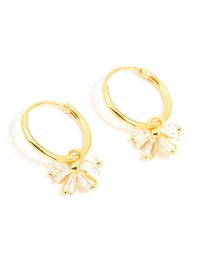 Gold Plated Sterling Silver Cubic Zirconia Bow Huggie Earrings