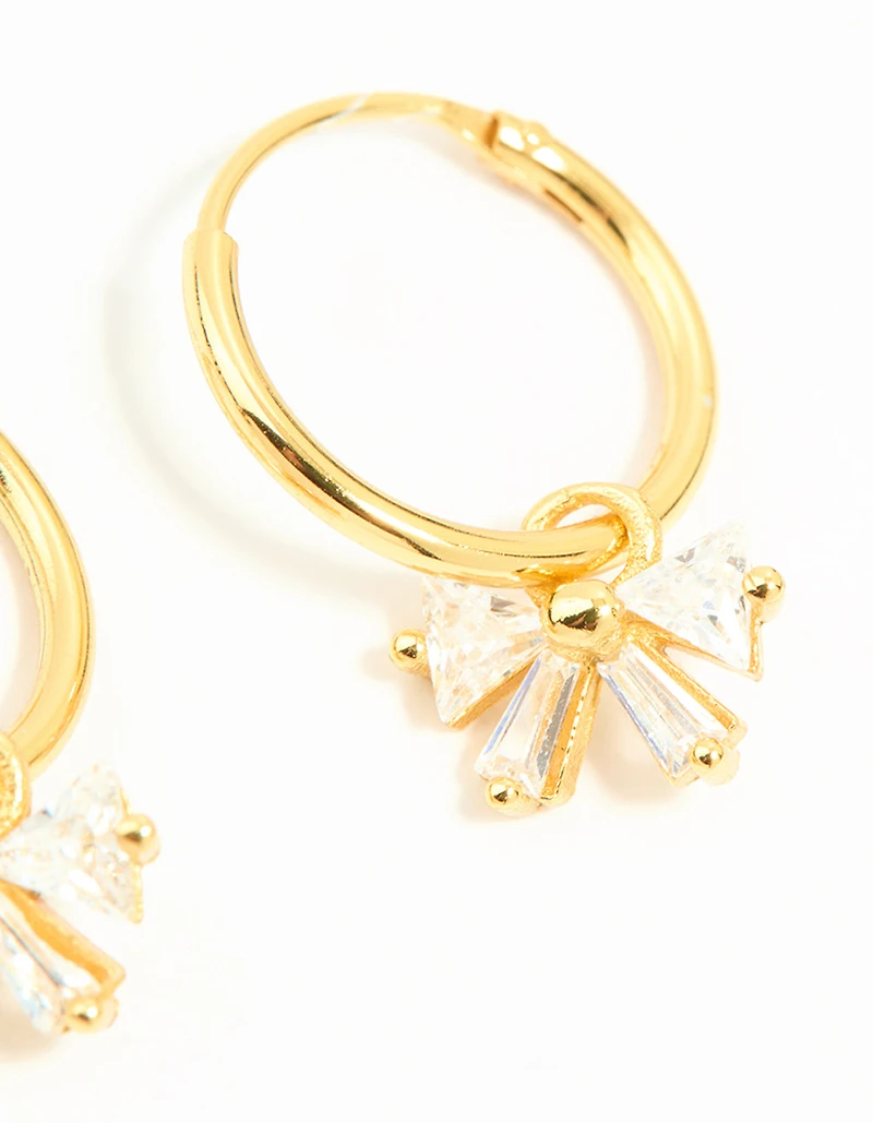 Gold Plated Sterling Silver Cubic Zirconia Bow Huggie Earrings