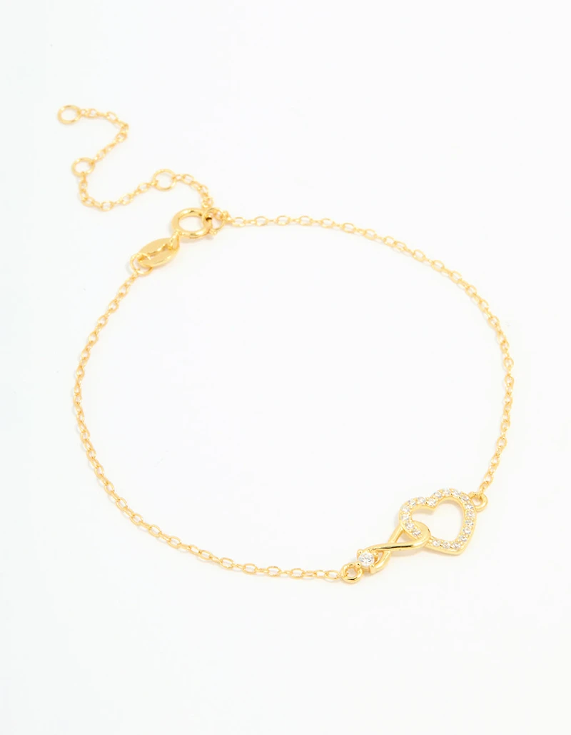 Gold Plated Sterling Silver Cubic Zirconia Infinity & Heart Bracelet