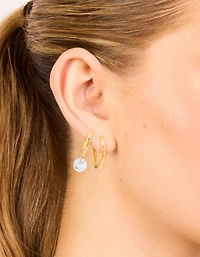 Waterproof Gold Plated Stainless Steel Cubic Zirconia Droplet & Sleek Hoop Earrings 2-Pack