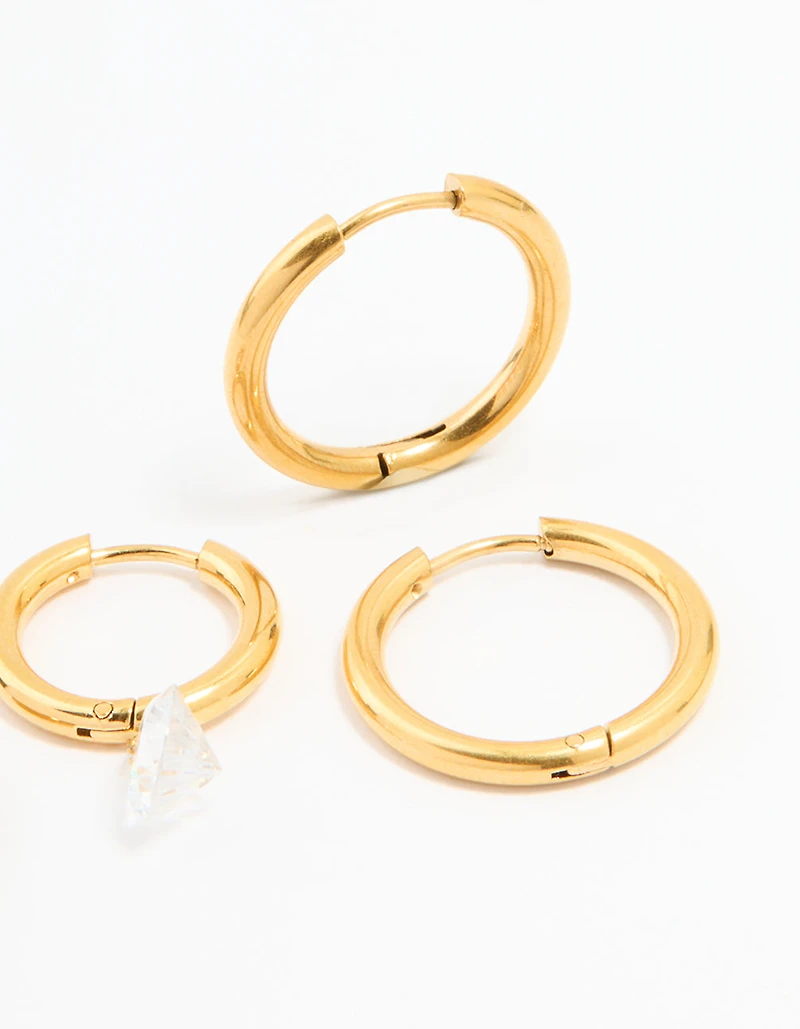 Waterproof Gold Plated Stainless Steel Cubic Zirconia Droplet & Sleek Hoop Earrings 2-Pack