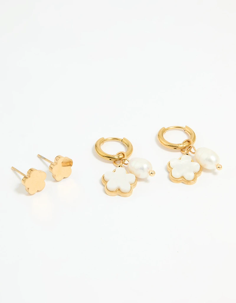 Waterproof Gold Plated Stainless Steel Freshwater Pearl Flower Earrings 2-Pack