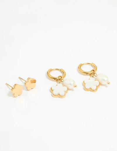 Waterproof Gold Plated Stainless Steel Freshwater Pearl Flower Earrings 2-Pack