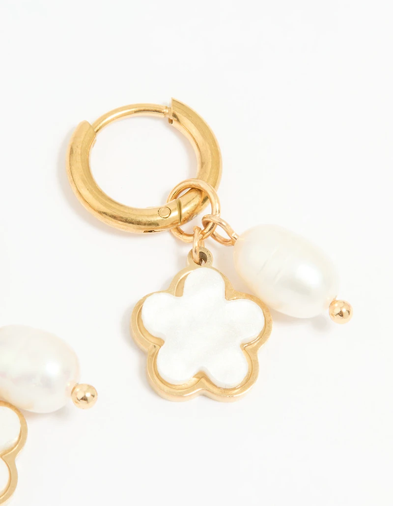 Waterproof Gold Plated Stainless Steel Freshwater Pearl Flower Earrings 2-Pack