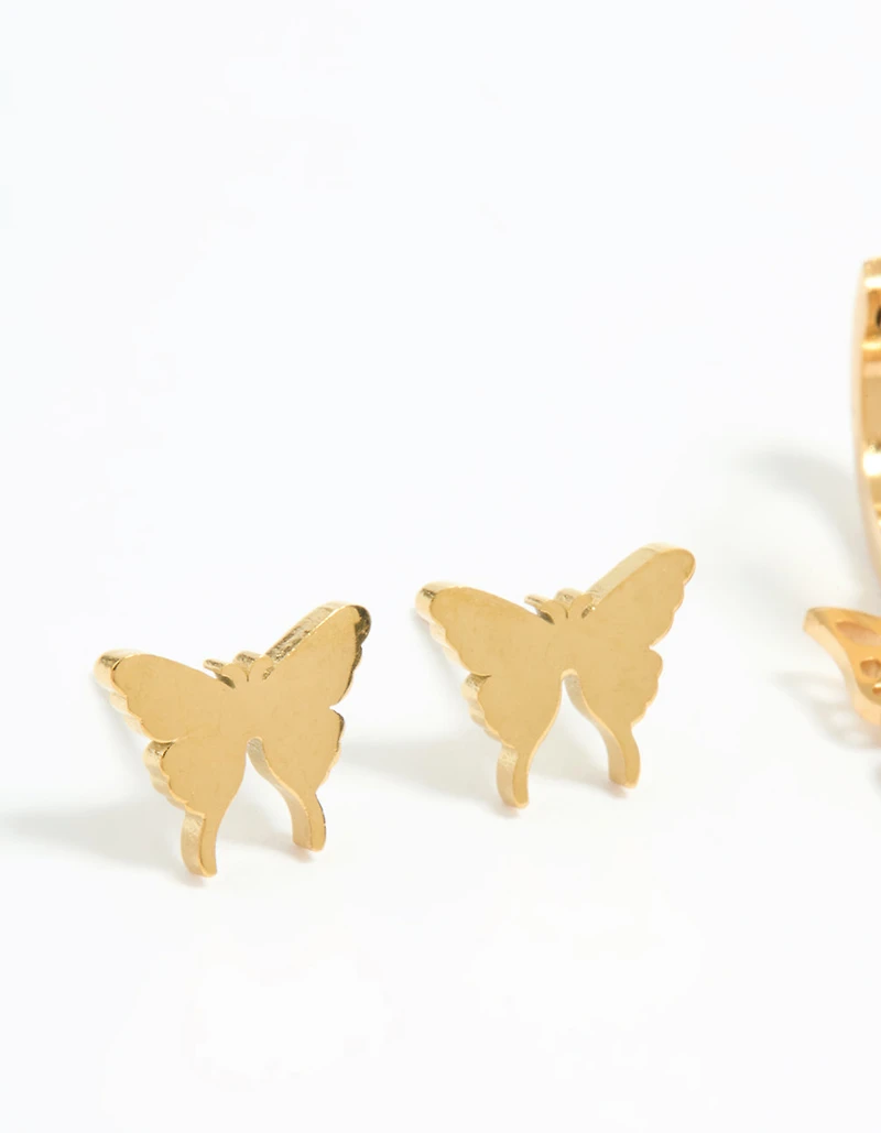 Waterproof Gold Plated Stainless Steel Butterfly Earrings 2-Pack
