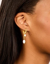 Waterproof Gold Plated Stainless Steel Chain Freshwater Pearl Drop Huggie Earrings