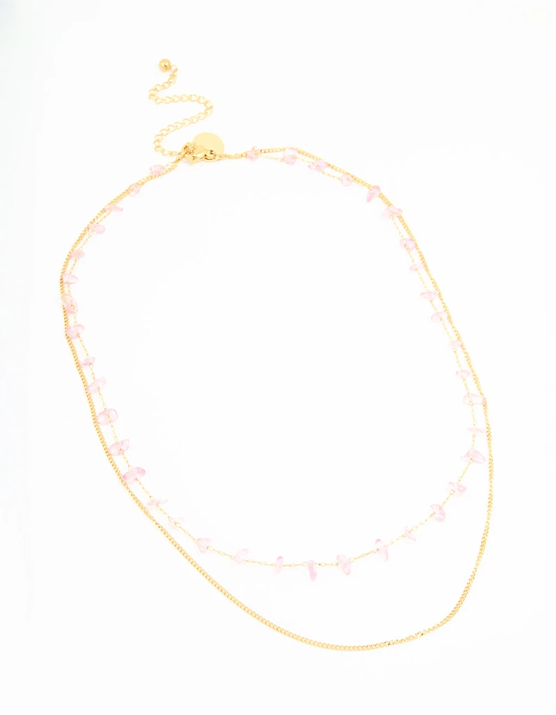 Waterproof Gold Plated Stainless Steel Pink Semiprecious Stone & Chain Layered Necklace