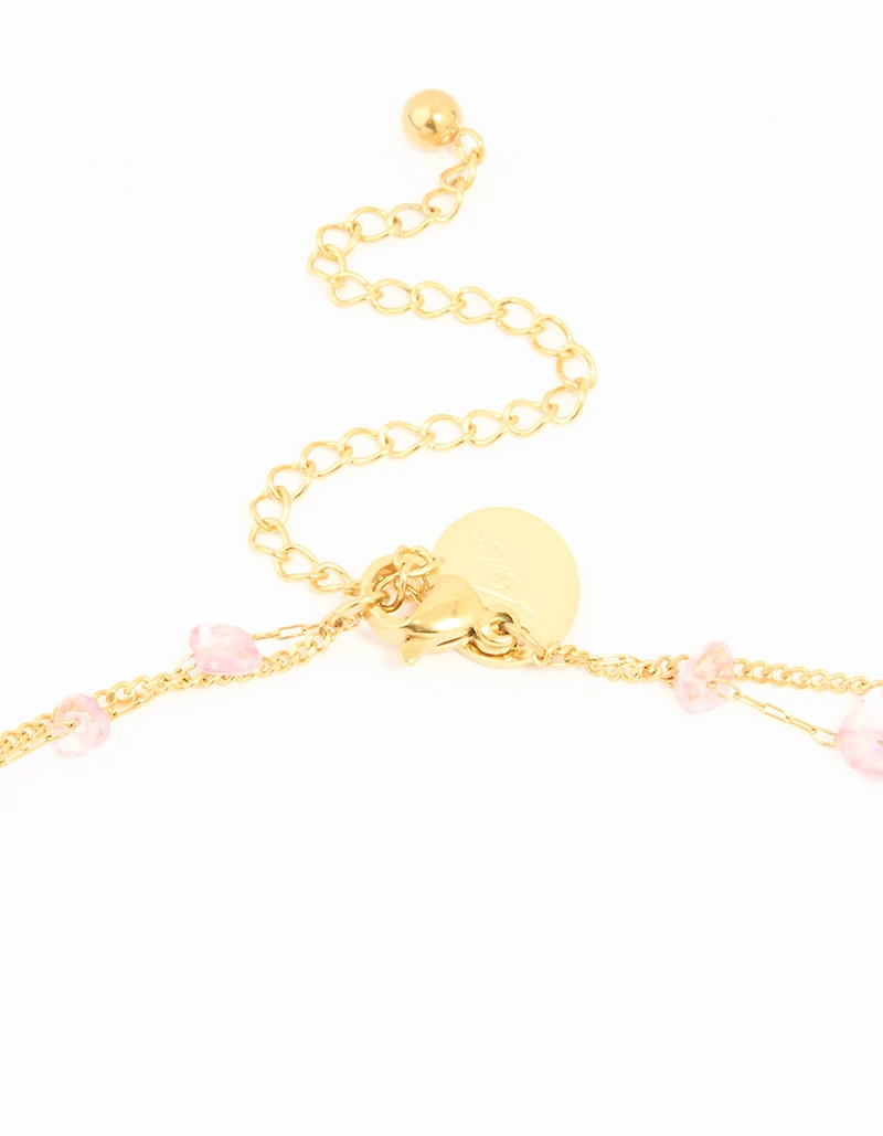 Waterproof Gold Plated Stainless Steel Pink Semiprecious Stone & Chain Layered Necklace