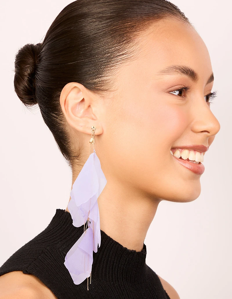 Gold Purple Fabric Petal Drop Earrings