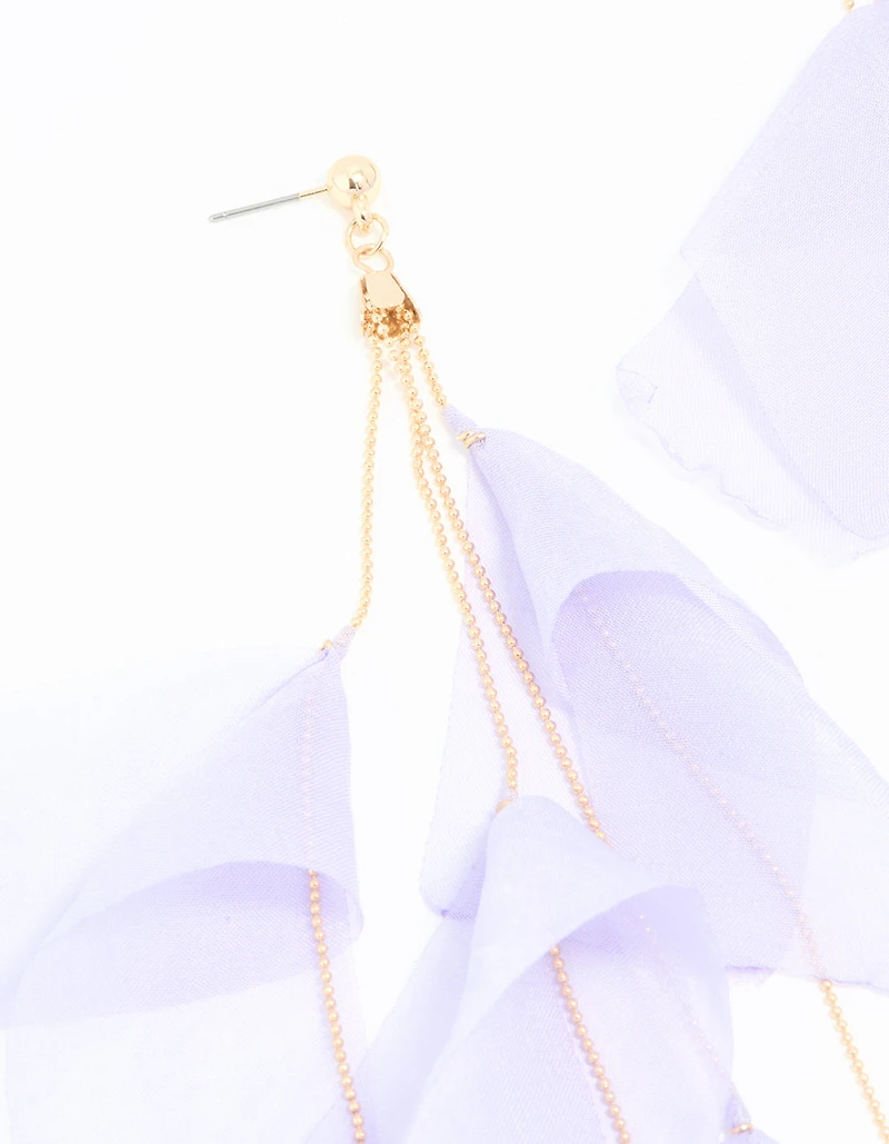 Gold Purple Fabric Petal Drop Earrings