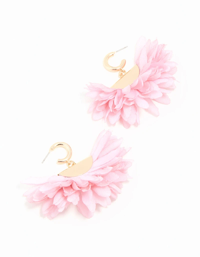 Gold Pink Fabric Large Petal Huggie Earrings