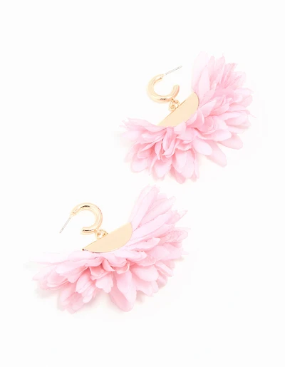 Gold Pink Fabric Large Petal Huggie Earrings