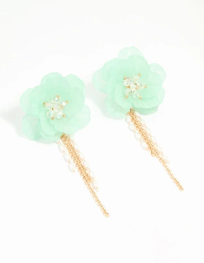 Gold Blue Flower Chain Drop Earrings