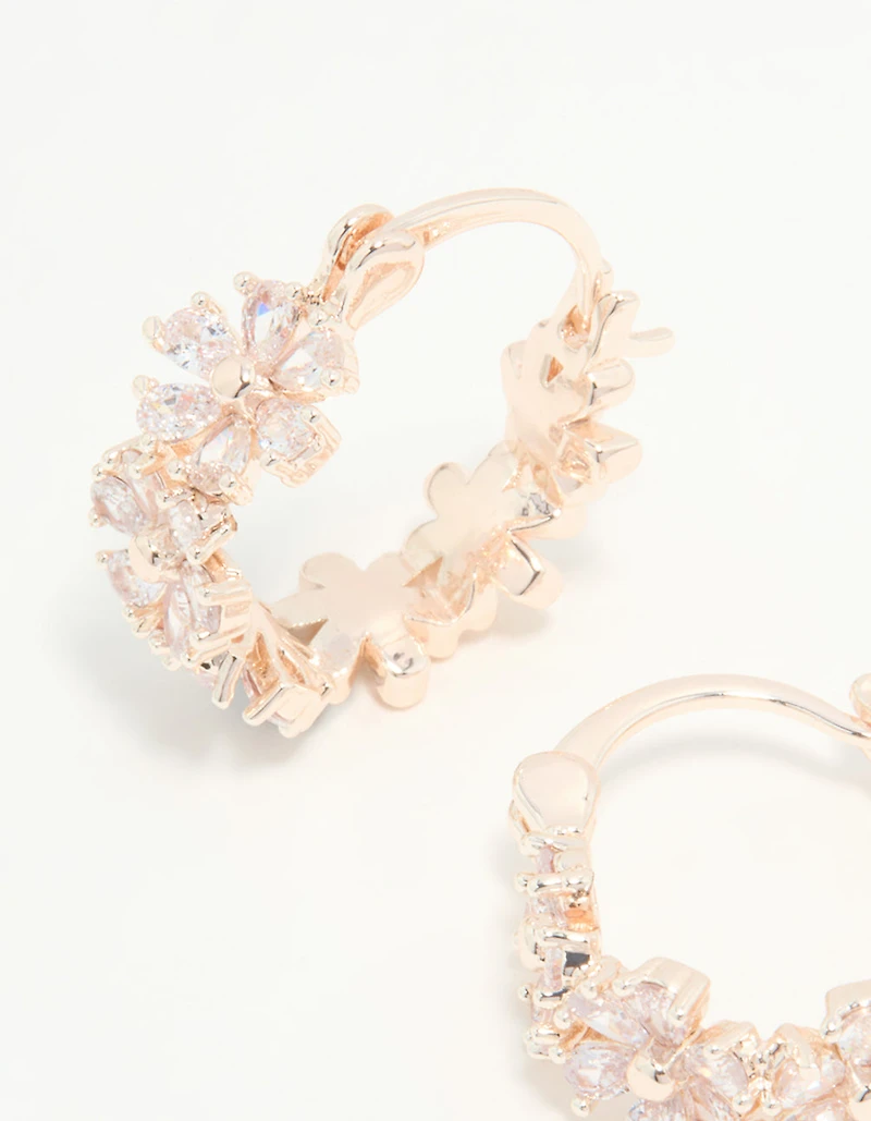Boucles d'oreilles créoles en forme de fleur, plaquées or rose et ornées de zirconiums cubiques