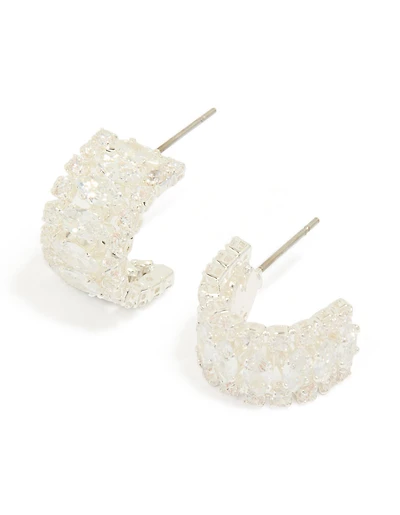 Silver Plated Cubic Zirconia Marquise Center Strap Hoop Earrings