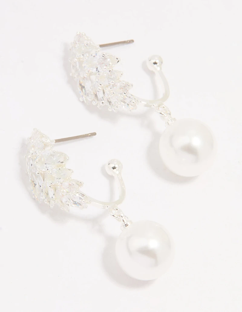 Silver Plated Cubic Zirconia Pearl Vine Hoop Earrings