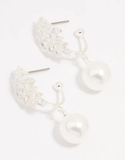 Silver Plated Cubic Zirconia Pearl Vine Hoop Earrings