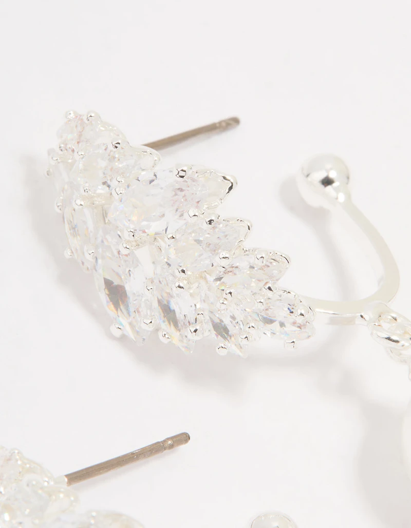 Silver Plated Cubic Zirconia Pearl Vine Hoop Earrings