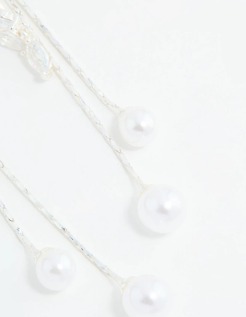 Silver Plated Cubic Zirconia Pearl Leaf Drop Hook Earrings