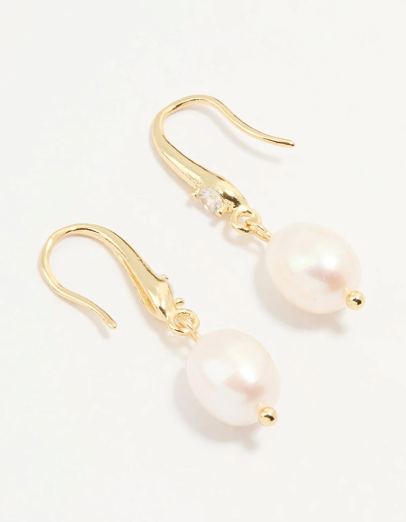 Gold Plated Cubic Zirconia Freshwater Pearl Drop Hook Earrings