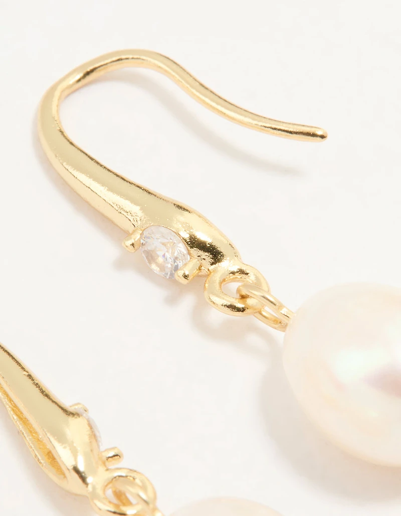 Gold Plated Cubic Zirconia Freshwater Pearl Drop Hook Earrings