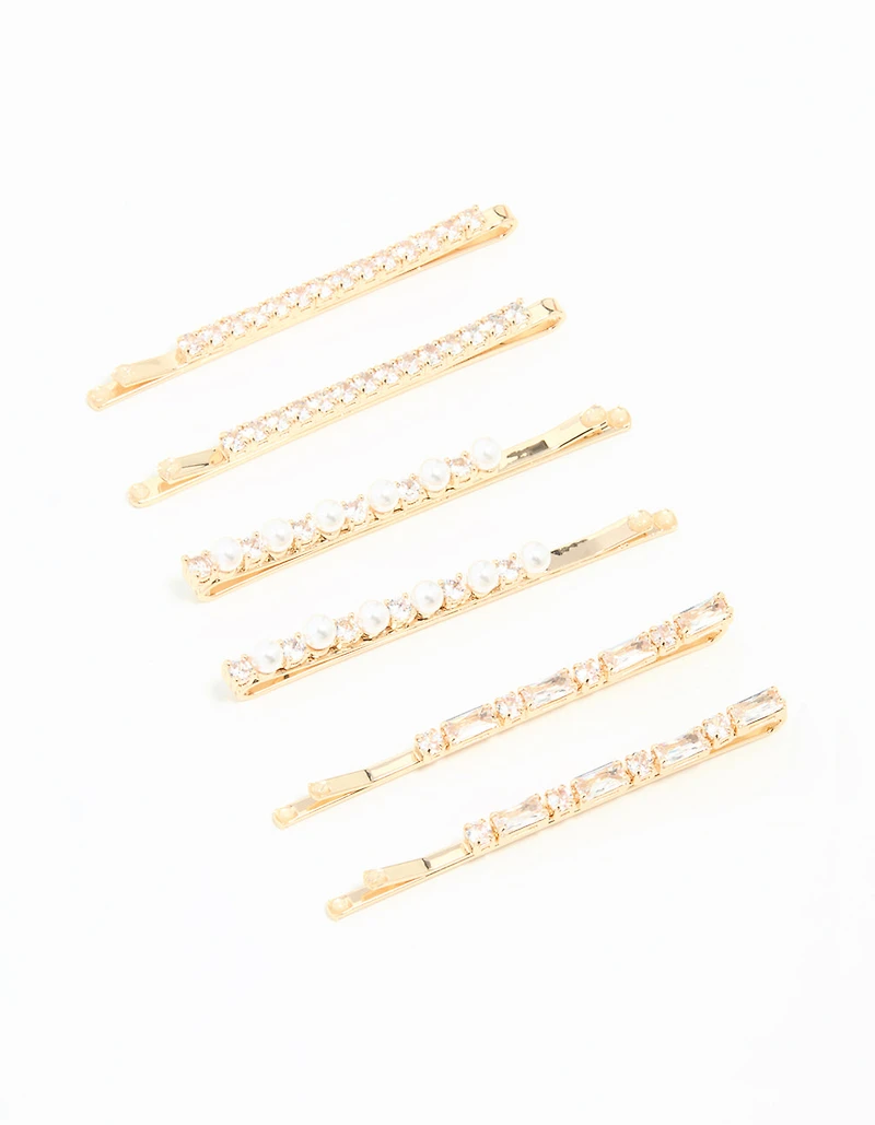 Gold Cubic Zirconia & Pearl Hair Clips 6-Pack