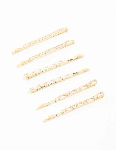 Gold Cubic Zirconia & Pearl Hair Clips 6-Pack