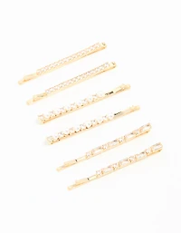 Gold Cubic Zirconia & Pearl Hair Clips 6-Pack