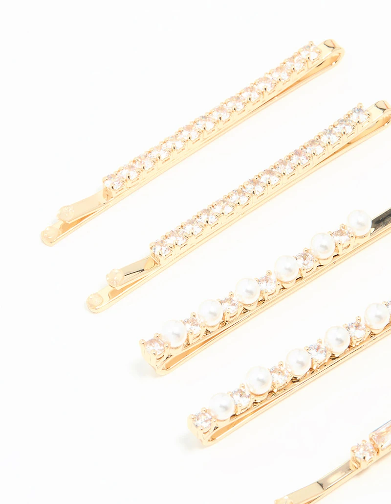 Gold Cubic Zirconia & Pearl Hair Clips 6-Pack