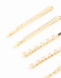 Gold Cubic Zirconia & Pearl Hair Clips 6-Pack