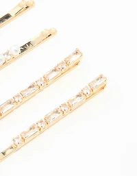 Gold Cubic Zirconia & Pearl Hair Clips 6-Pack