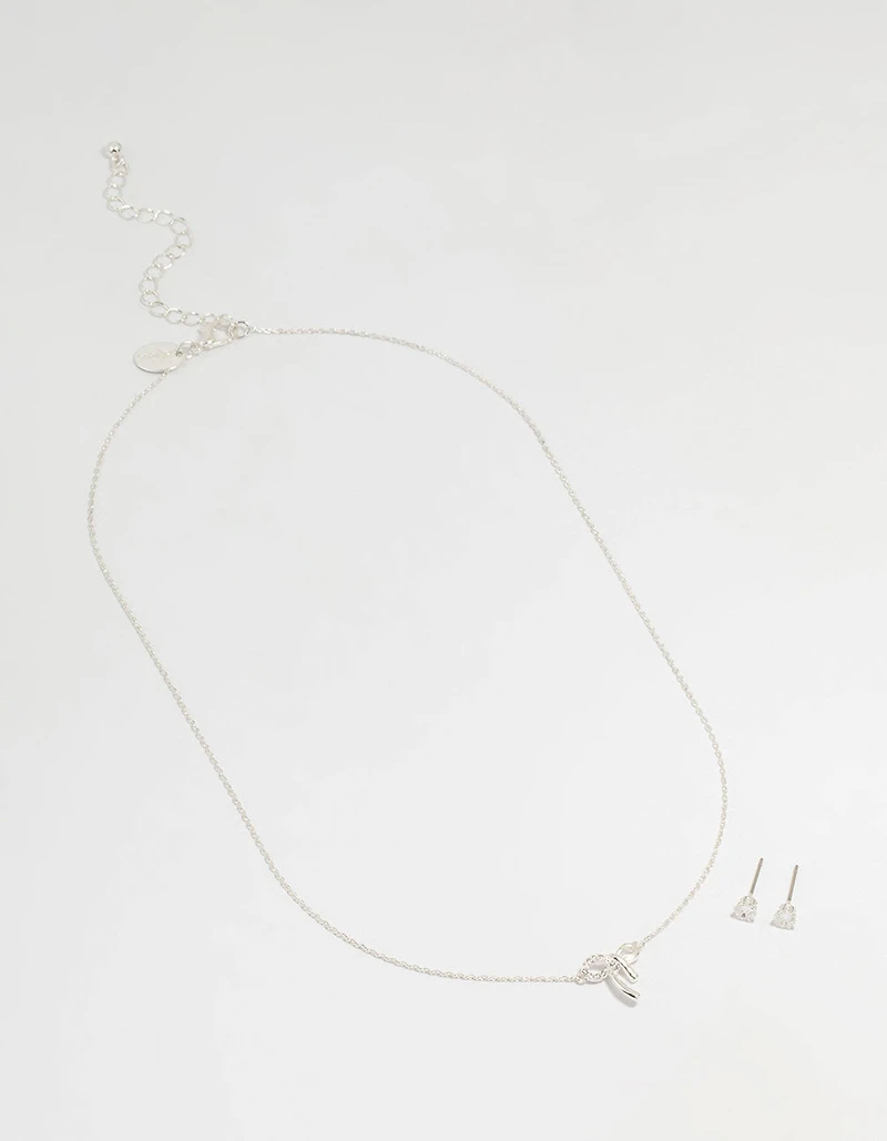 Silver Cubic Zirconia Bow Necklace & Earrings Set