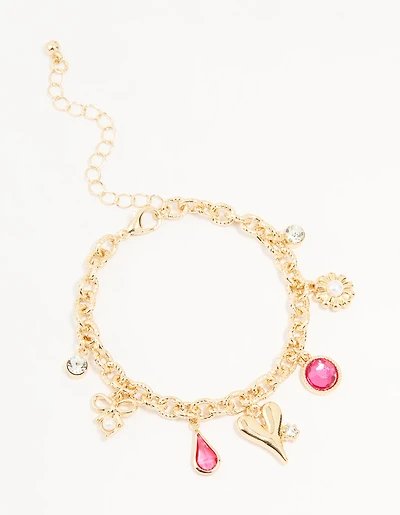 Gold Pearl & Pink Diamante Charm Bracelet