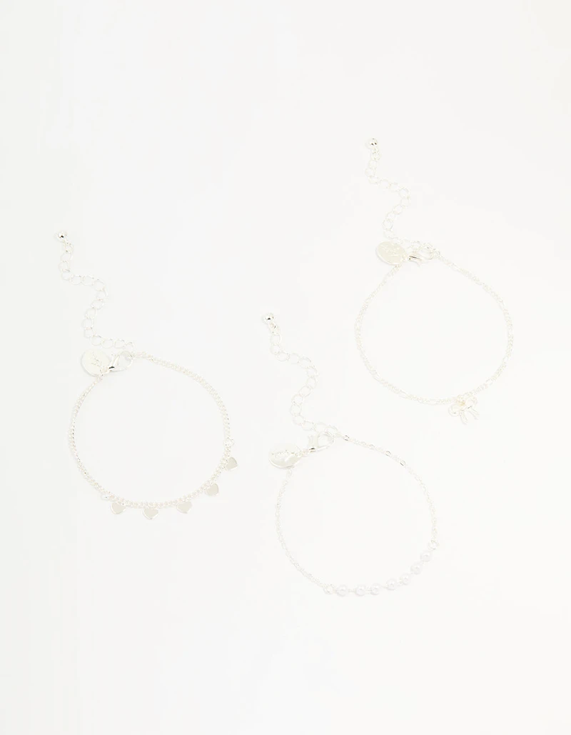 Silver Diamante Bow & Heart Bracelets 3-Pack
