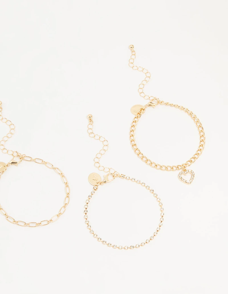 Gold Diamante Mixed Chain Heart Bracelets 3-Pack
