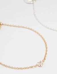 Mixed Metal Cubic Zirconia Heart Bracelets 2-Pack