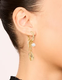 Gold Pearl & Shell Charm Drop Earrings