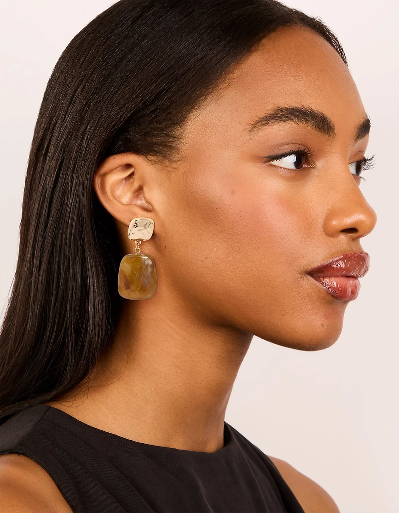 Gold Brown Double Square Drop Earrings