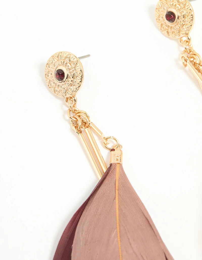 Gold Burgundy & Pink Feather Drop Earrings