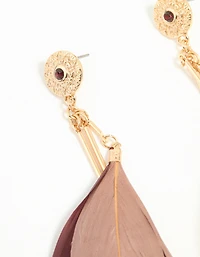 Gold Burgundy & Pink Feather Drop Earrings