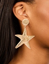 Gold Starfish & Shell Stud Earrings
