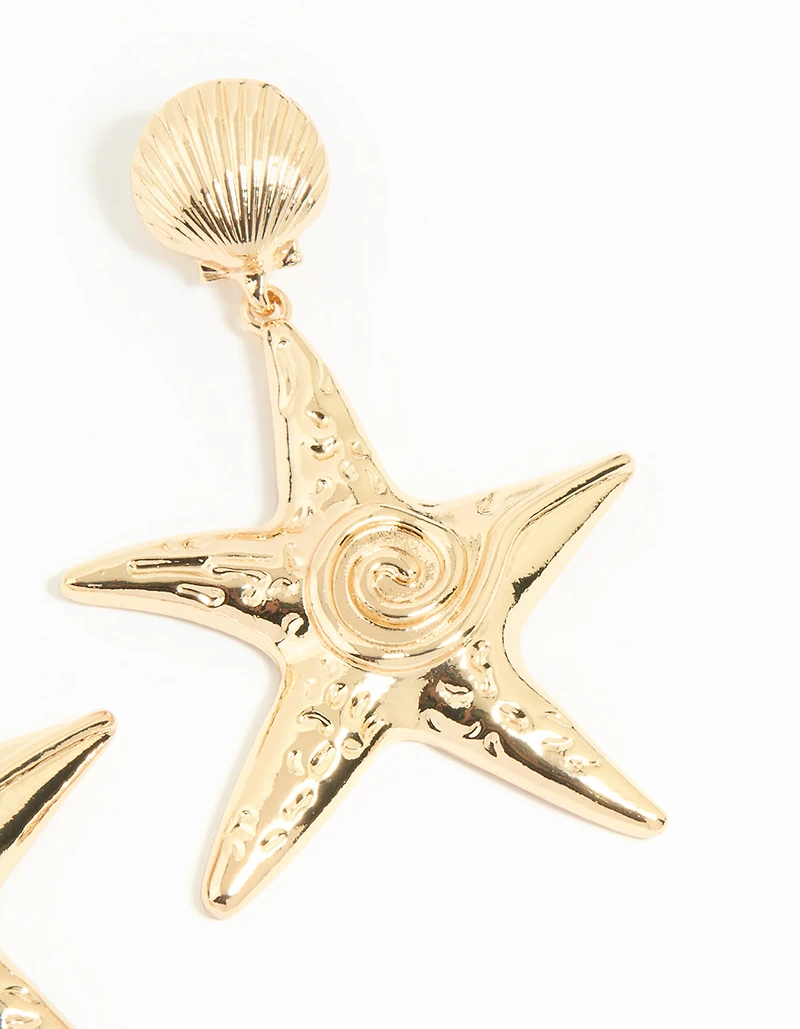 Gold Starfish & Shell Stud Earrings
