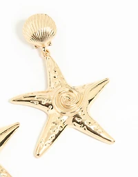 Gold Starfish & Shell Stud Earrings